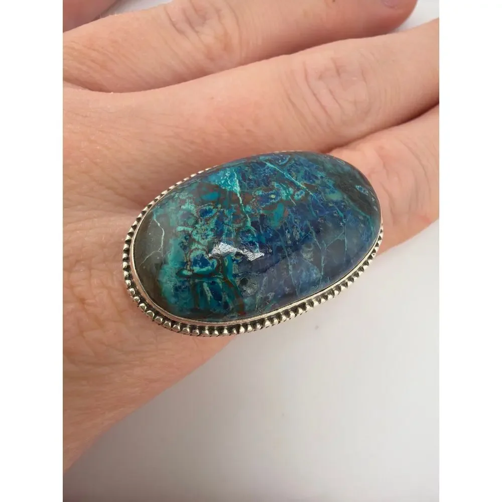 Large Oval Chrysocolla Twisted Rope Border 925 Sterling Silver Ring Size 7.5